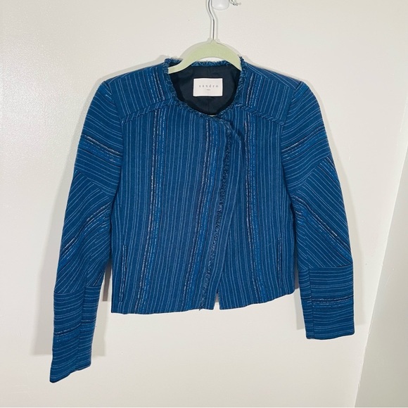 Sandro Egyptian Blue Asymmetrical Woven Denim Blazer Jacket French Denim Boho - Picture 6 of 11